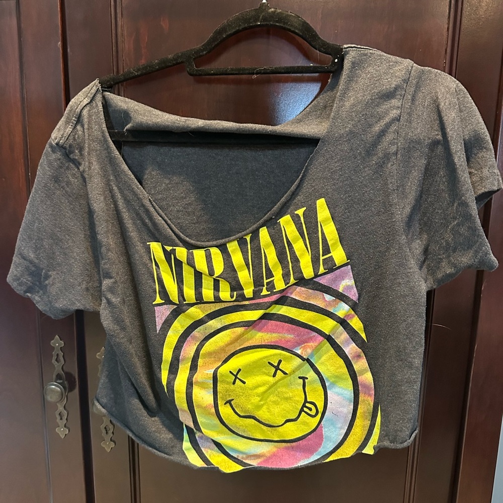 NIRVANA Women's Charcoal Tee with Yellow and Multicolor Graphic
